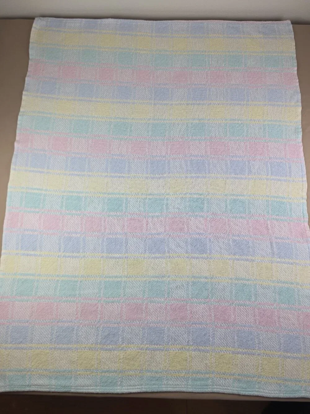 Vtg Beacon Baby Blanket Plaid Pastel Block Woven 100% Cotton Pink Blue Yellow